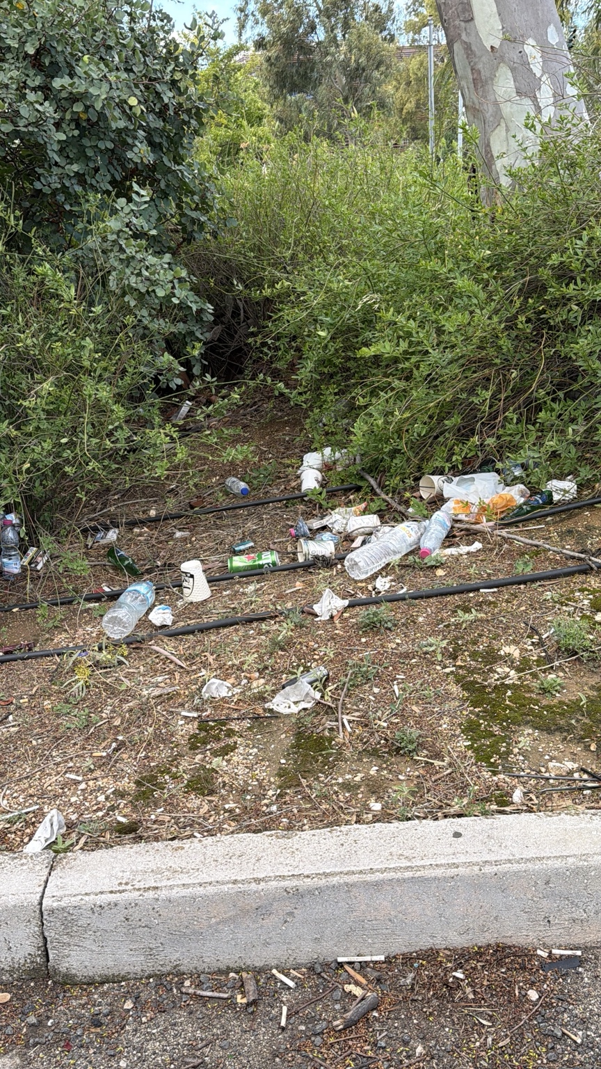 Πλαστικά μπουκάλια, ποτήρια και συσκευασίες στο έδαφος ενός παρτεριού με θάμνους και σωλήνες άρδευσης.