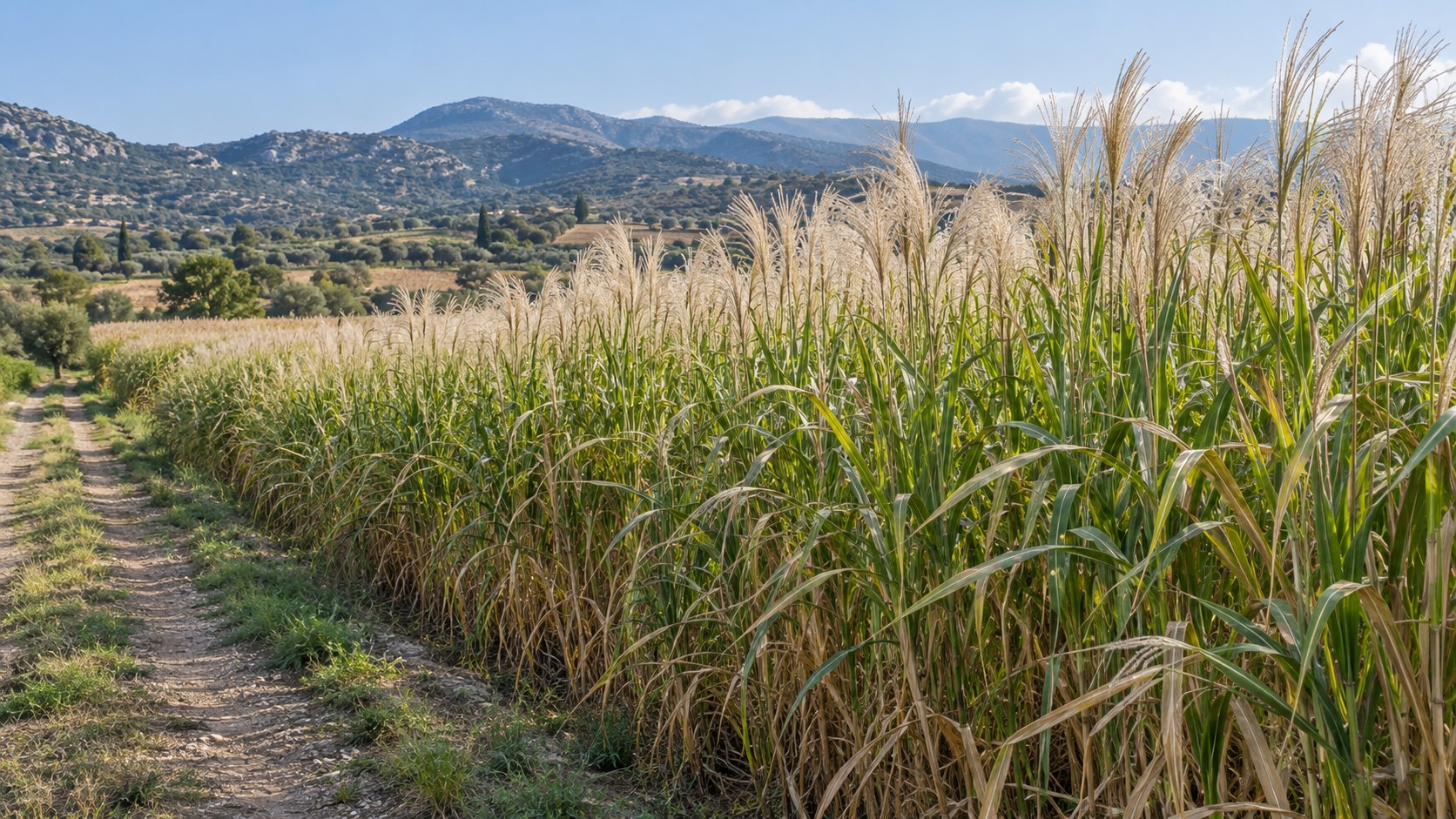 Ψηλά φυτά μίσχανθου με λεπτά φύλλα και ανοιχτόχρωμες ταξιανθίες δίπλα σε αγροτικό δρόμο, με χαμηλούς λόφους στο βάθος.